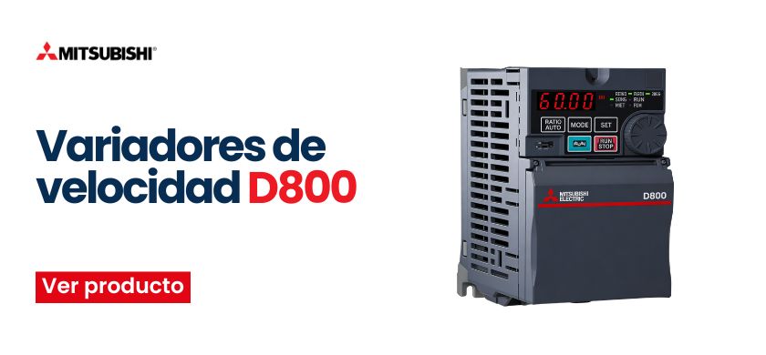Mitsubishi advertisement showing 'Variadores de velocidad D800' and a D800 variable frequency drive on the right, with a red 'Ver producto' button on the left.