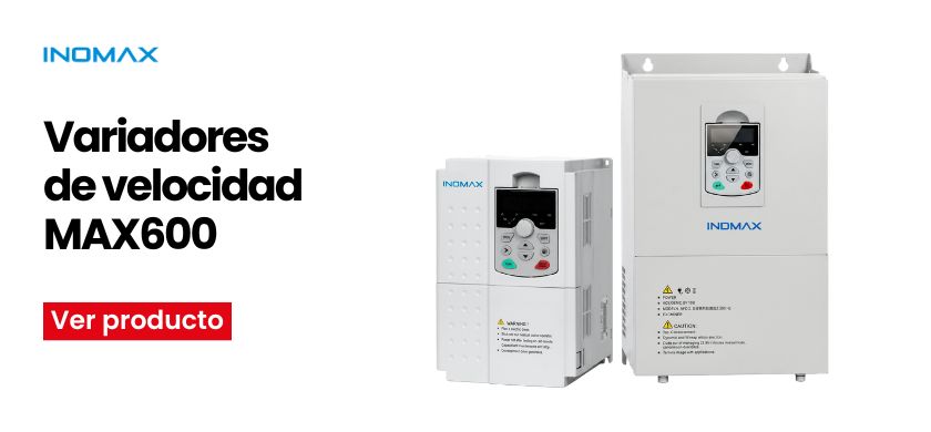 Spanish ad hero: bold title 'Variadores de velocidad MAX600' with red 'Ver producto' button; two white industrial drives on the right on a white background.