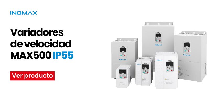 Banner with Inomax logo, Spanish text 'Variadores de velocidad MAX500 IP55', a red 'Ver producto' button, and a lineup of MAX500 variable speed drives on the right.