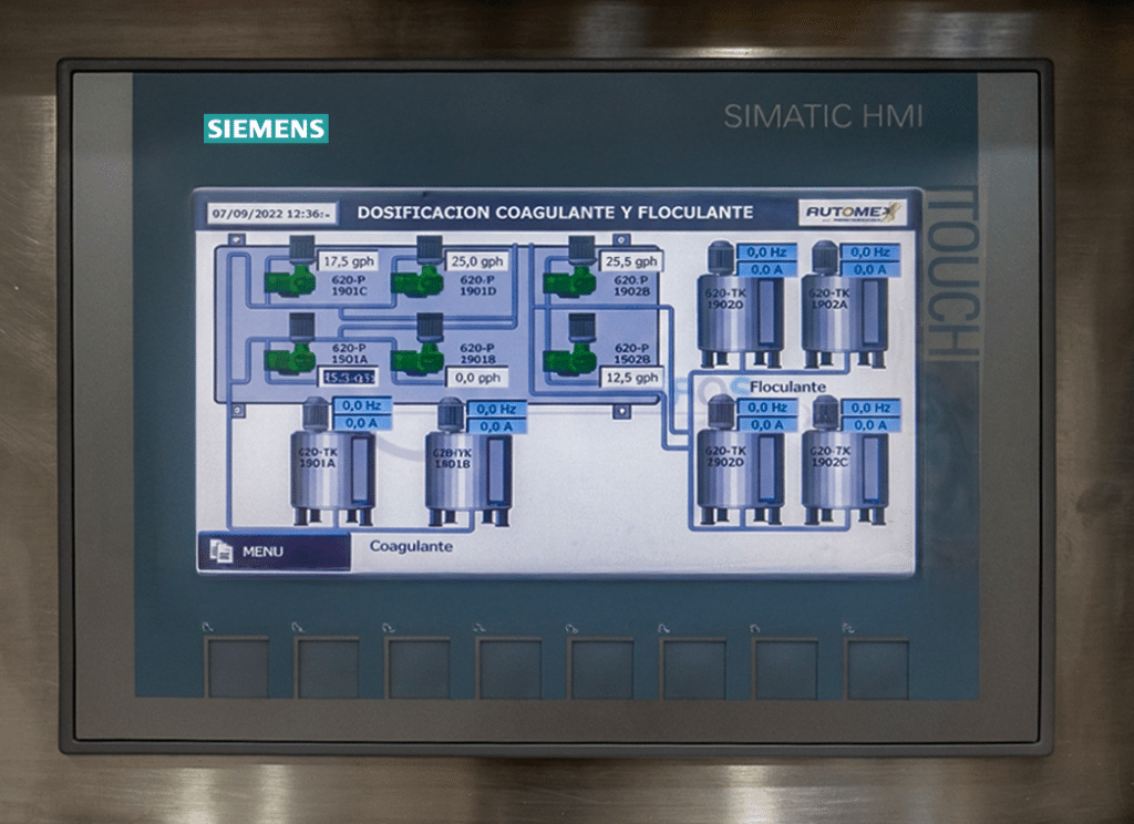 Siemens SIMATIC HMI screen showing a process diagram for dosing coagulant and flocculant with labeled tanks and flow lines in an industrial control panel.
