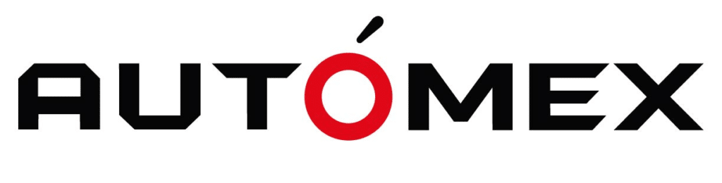 Automex logo: bold black wordmark with a red O and a small black accent above it.