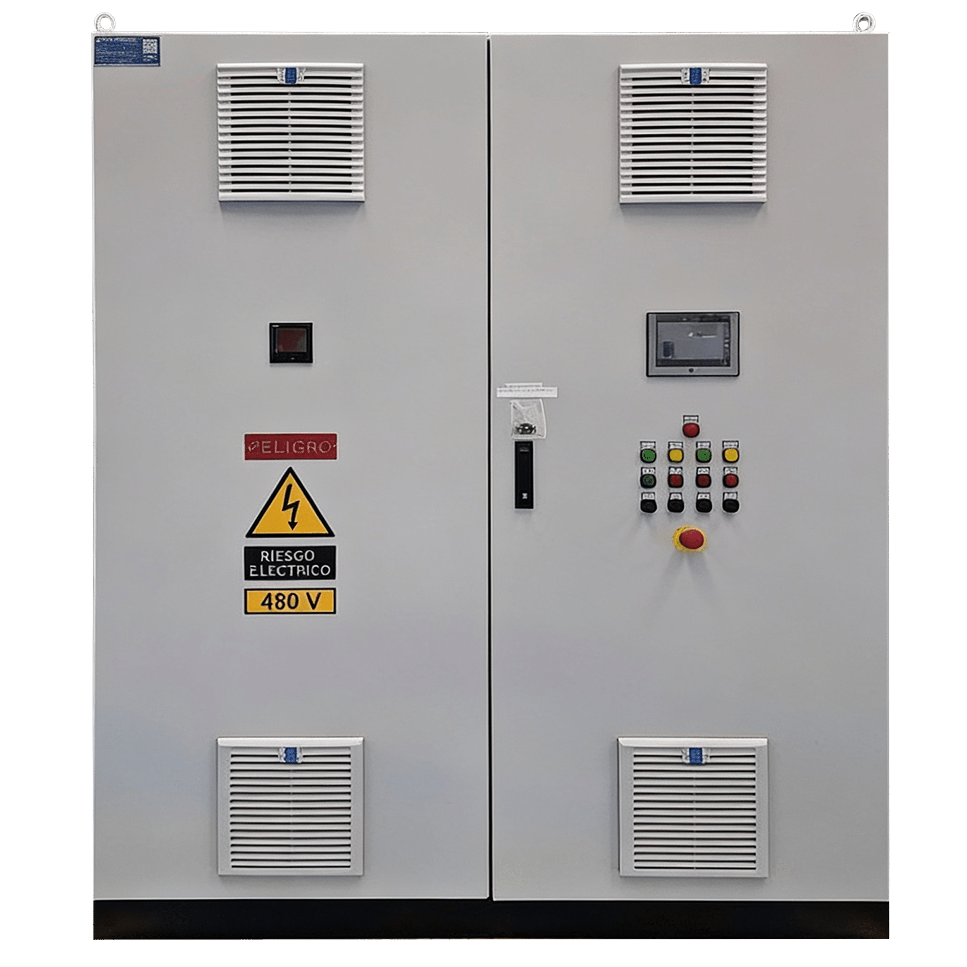 Two gray electrical control cabinets side by side with vents, warning labels, and a control display; indicates high voltage electrical hazard (480 V).