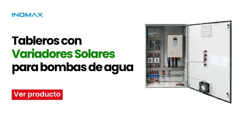 Banner with INOMAX logo, headline 'Tableros con Variadores Solares para bombas de agua', red 'Ver producto' button, and an open electrical control cabinet image.
