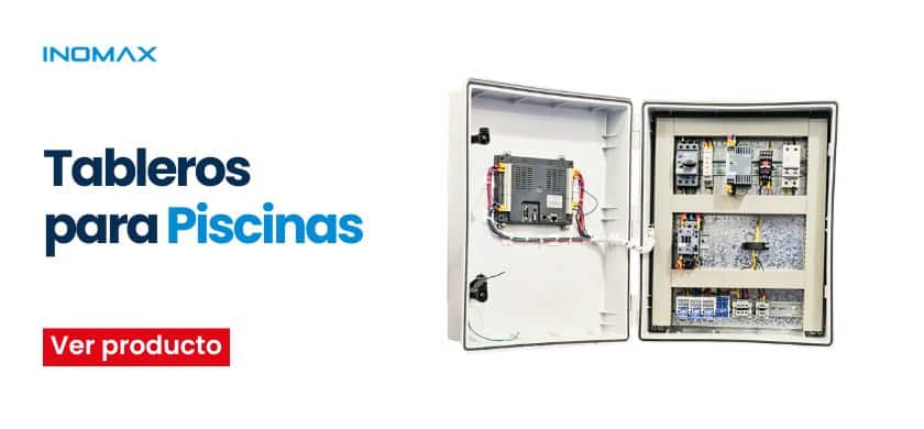 Ad banner for pool electrical panels showing bold Spanish text 'Tableros para Piscinas' and an open electrical control box.