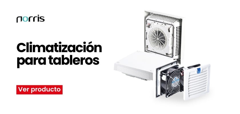 Publicidad: enfriamiento para tableros eléctricos con unidades de refrigeración a la derecha, texto ‘Climatización para tableros’ y botón ‘Ver producto’ izquierda.