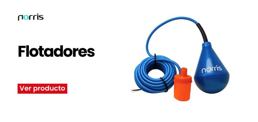 Product banner showing a blue flotation device with a coiled blue hose and orange cap, Norris logo, and a red 'Ver producto' button.