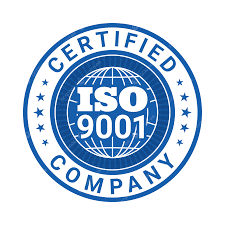 ISO 9001 certified company seal badge with a blue globe design and circular border