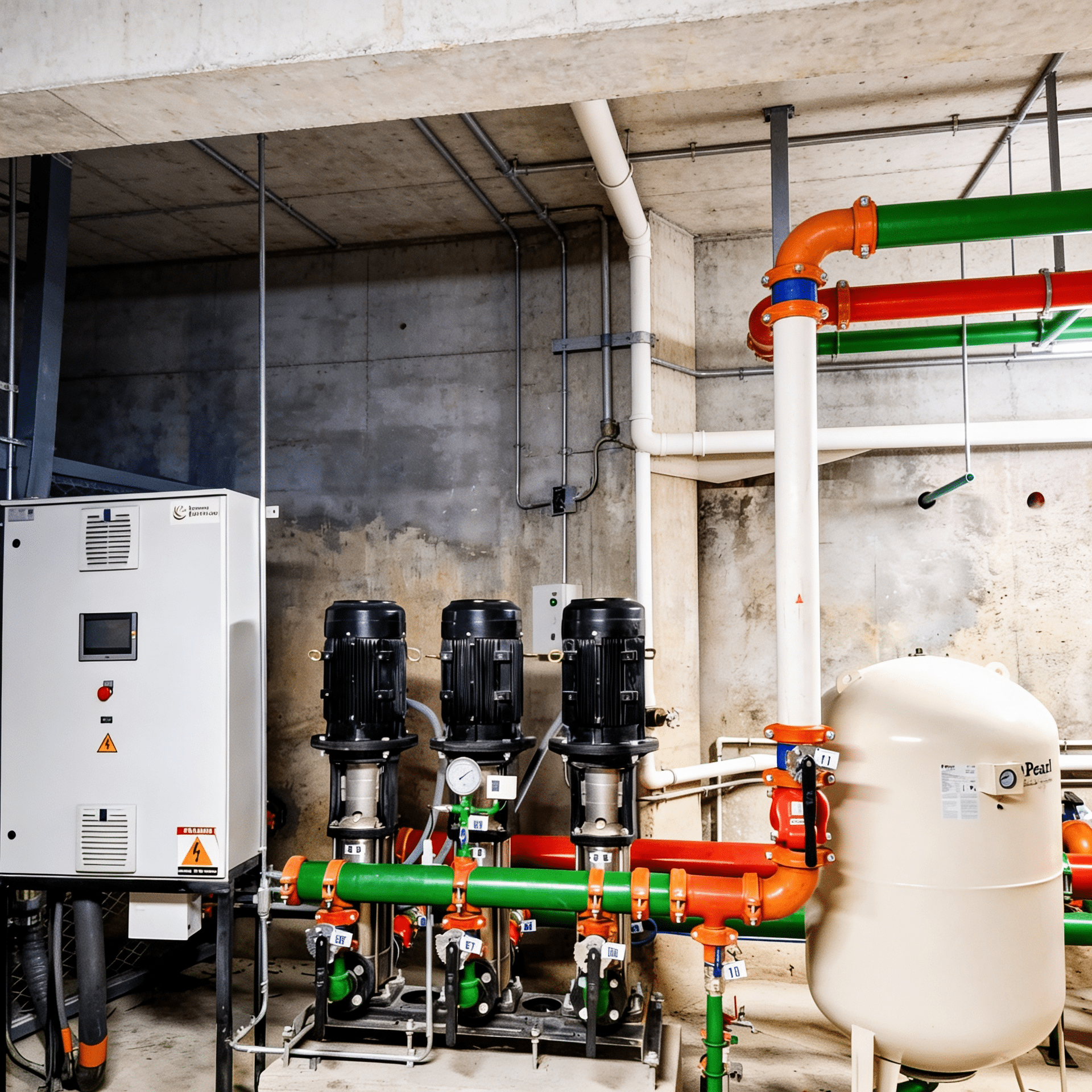 Industrial mechanical room with white electrical cabinet left, black pumps center, and colorful orange, green, and red pipes on right.