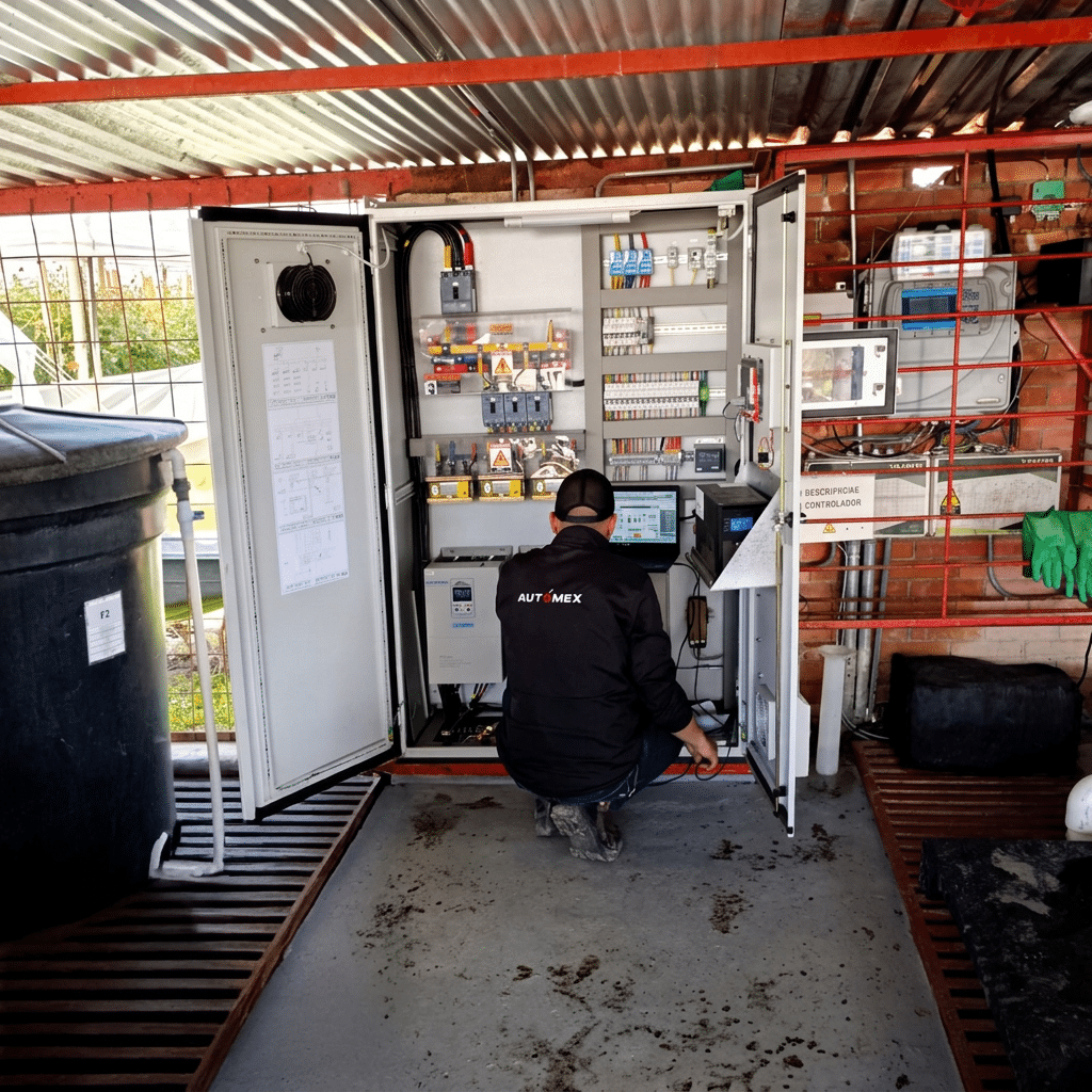 Technician kneeling in front of an open electrical control panel with wiring and a laptop inside a workshop.