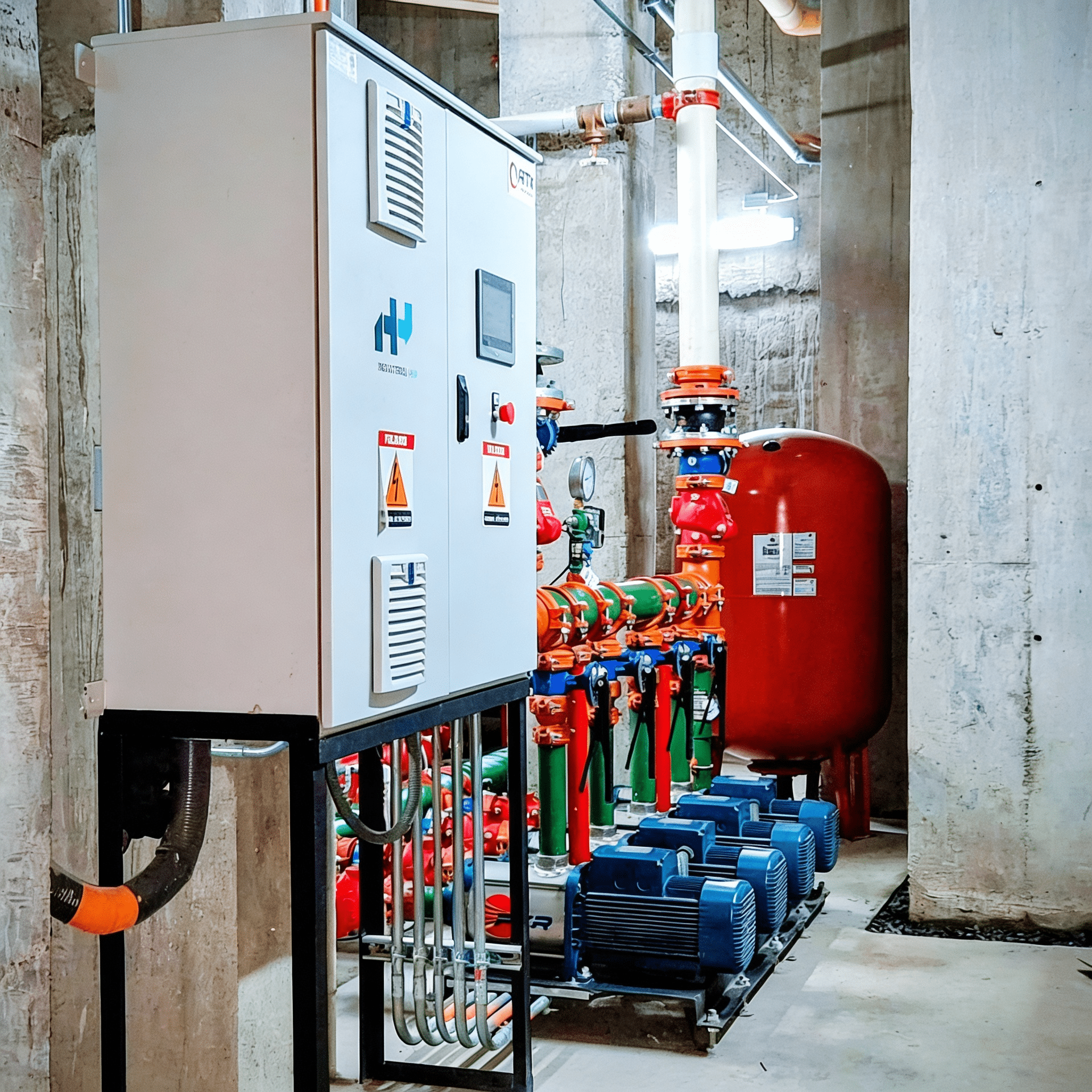 Industrial utility area showing a gray electrical control panel with exposed piping, valves, and red hydraulic tanks nearby