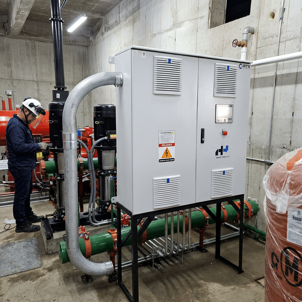 Maintenance worker with hard hat inspecting industrial equipment beside a large grey electrical cabinet in a plant room, with green pipes nearby.