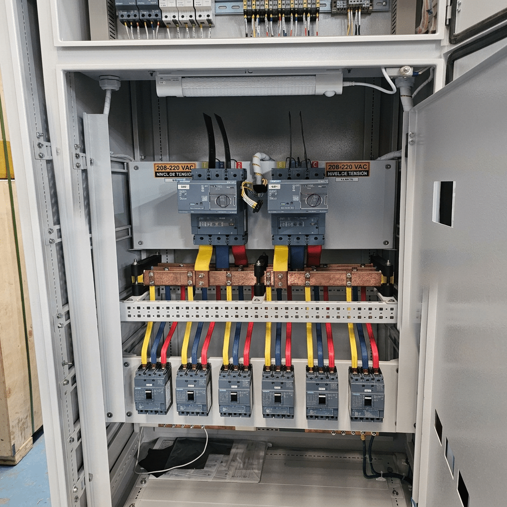 Open electrical control cabinet showing two large circuit breakers and color-coded feeders (red, blue, yellow) connected to bus bars for 208–220 VAC circuits.