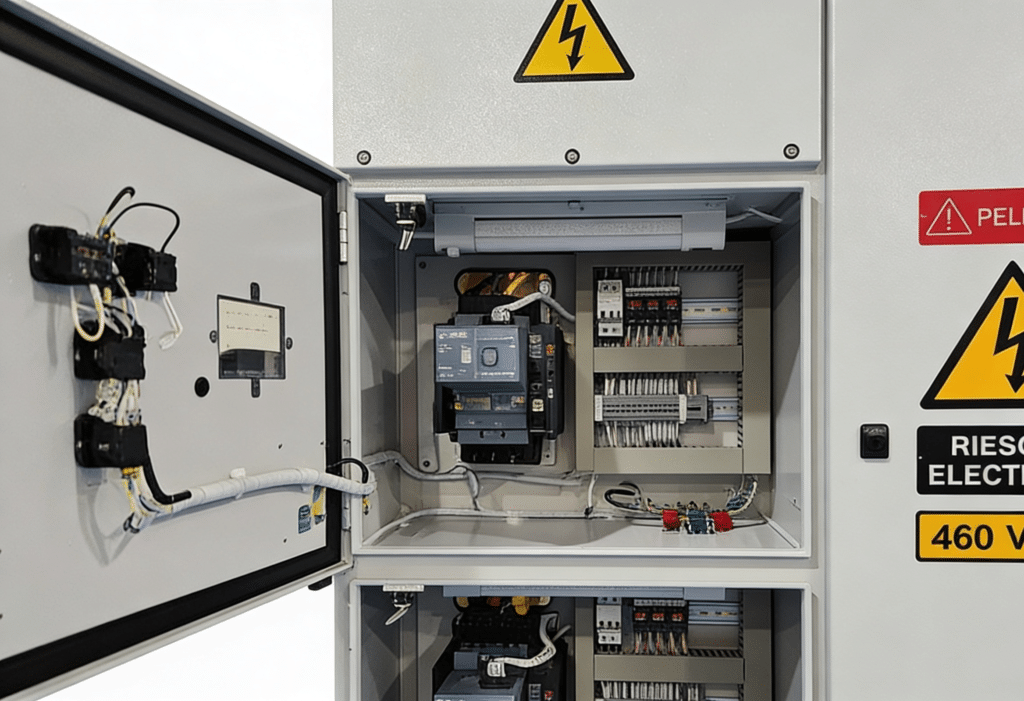 Open electrical control cabinet revealing circuit breakers, wiring, and components inside; high-voltage warning signs on the exterior panel.
