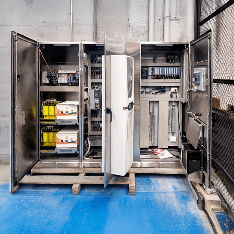 Open industrial electrical control cabinet showing wiring, circuit panels, and a tall white enclosure in a utility room.