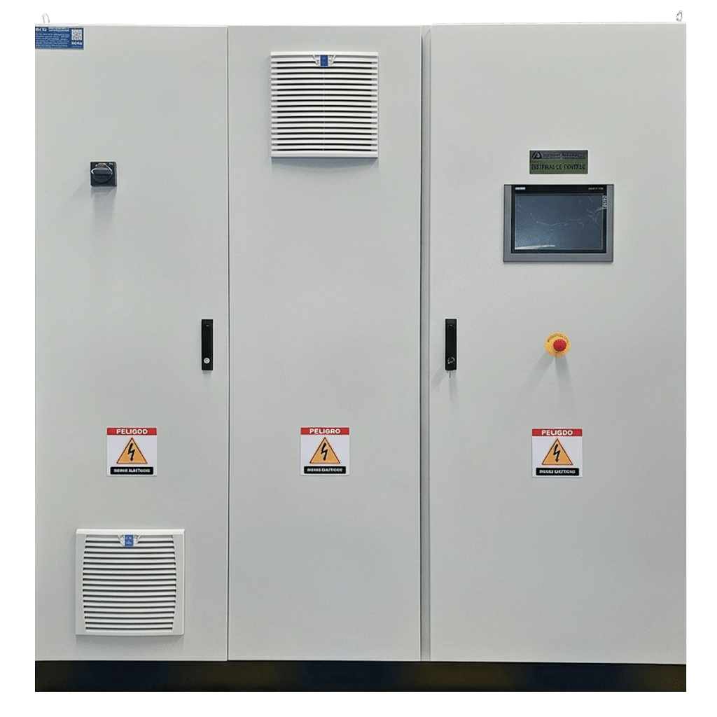 Industrial electrical control panels with warning labels and a red stop button on the right panel area.
