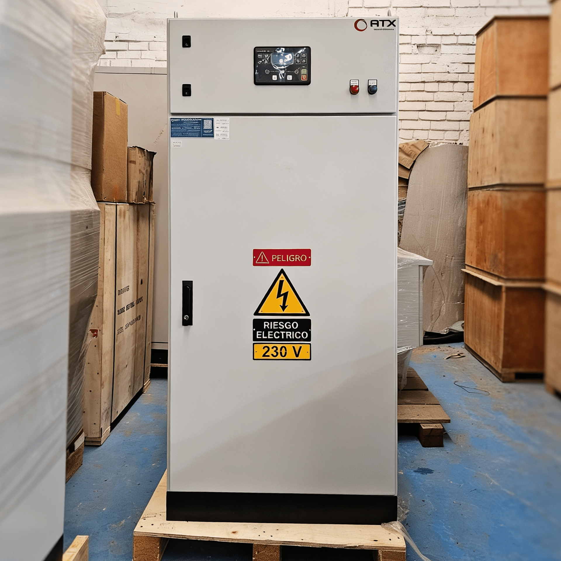 Electrical control cabinet with high-voltage warning signs in a warehouse, surrounded by pallets and boxes.