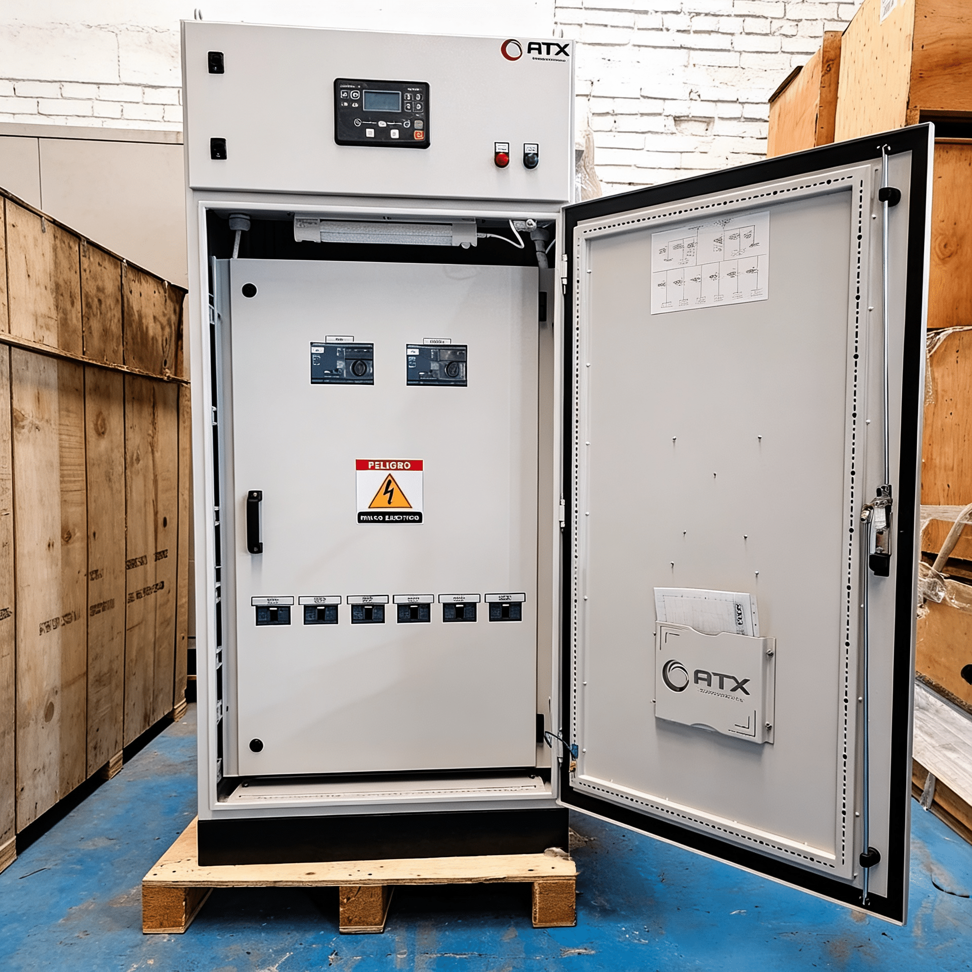 Open electrical control cabinet exposing internal components, wiring, and warning labels in an industrial setting.