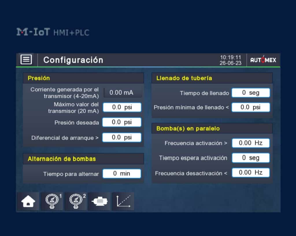 Pantalla de configuración de un sistema HMI/PLC en español, con secciones de presión, llenado de tubería y bombas, mostrando campos de valores como psi y segundos.