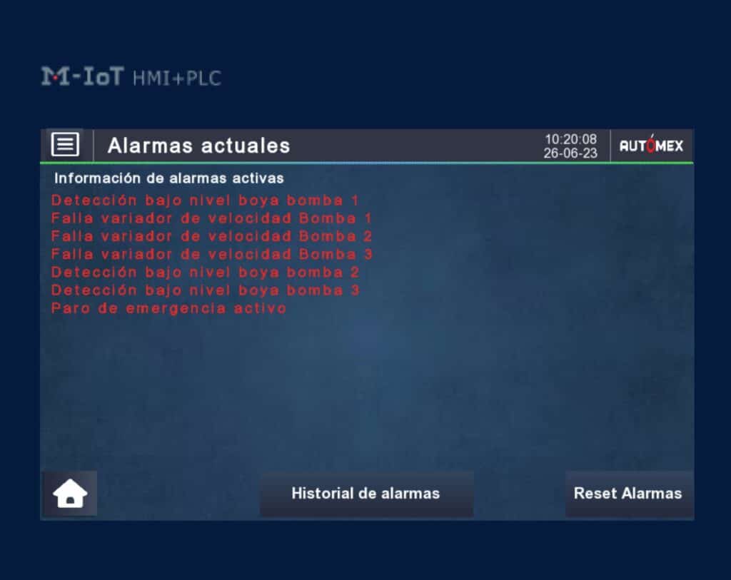 Pantalla de monitoreo mostrando alarmas actuales en rojo, con botones Historial de alarmas y Reset Alarmas en la parte inferior izquierda/derecha.