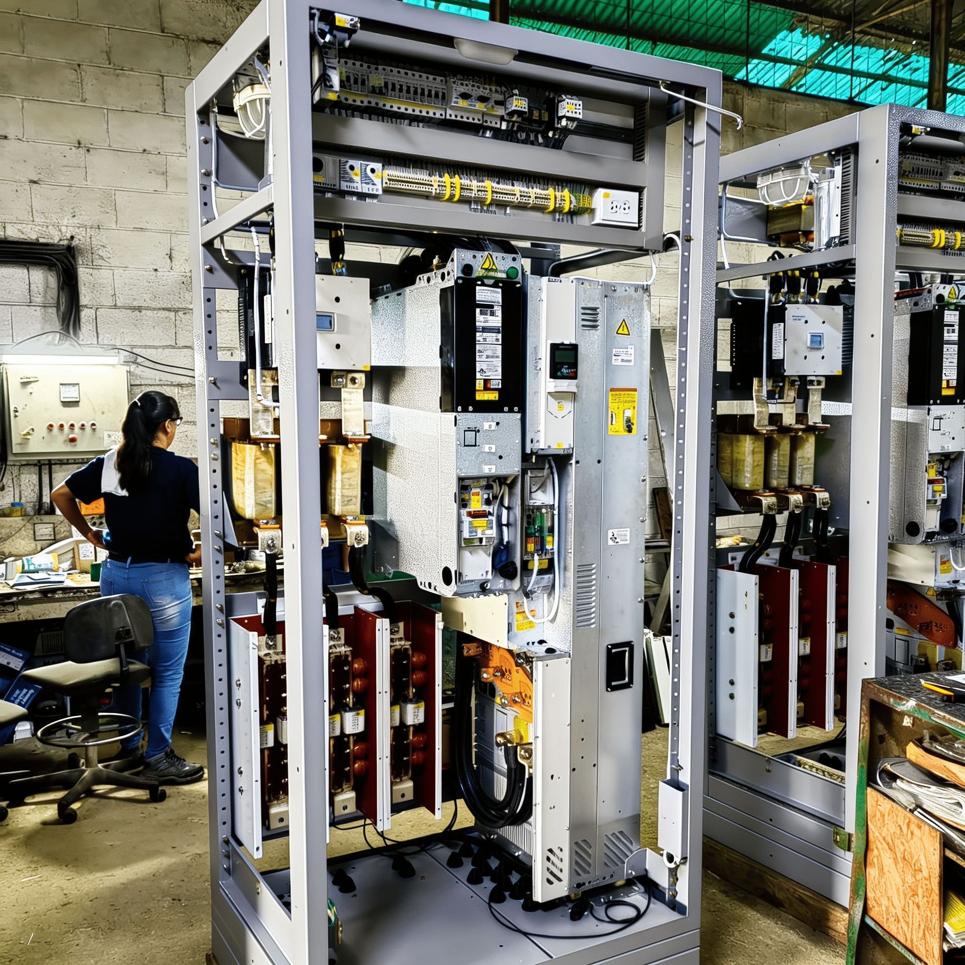 Technician standing beside an open electrical control cabinet with wiring and circuit panels in a factory setting