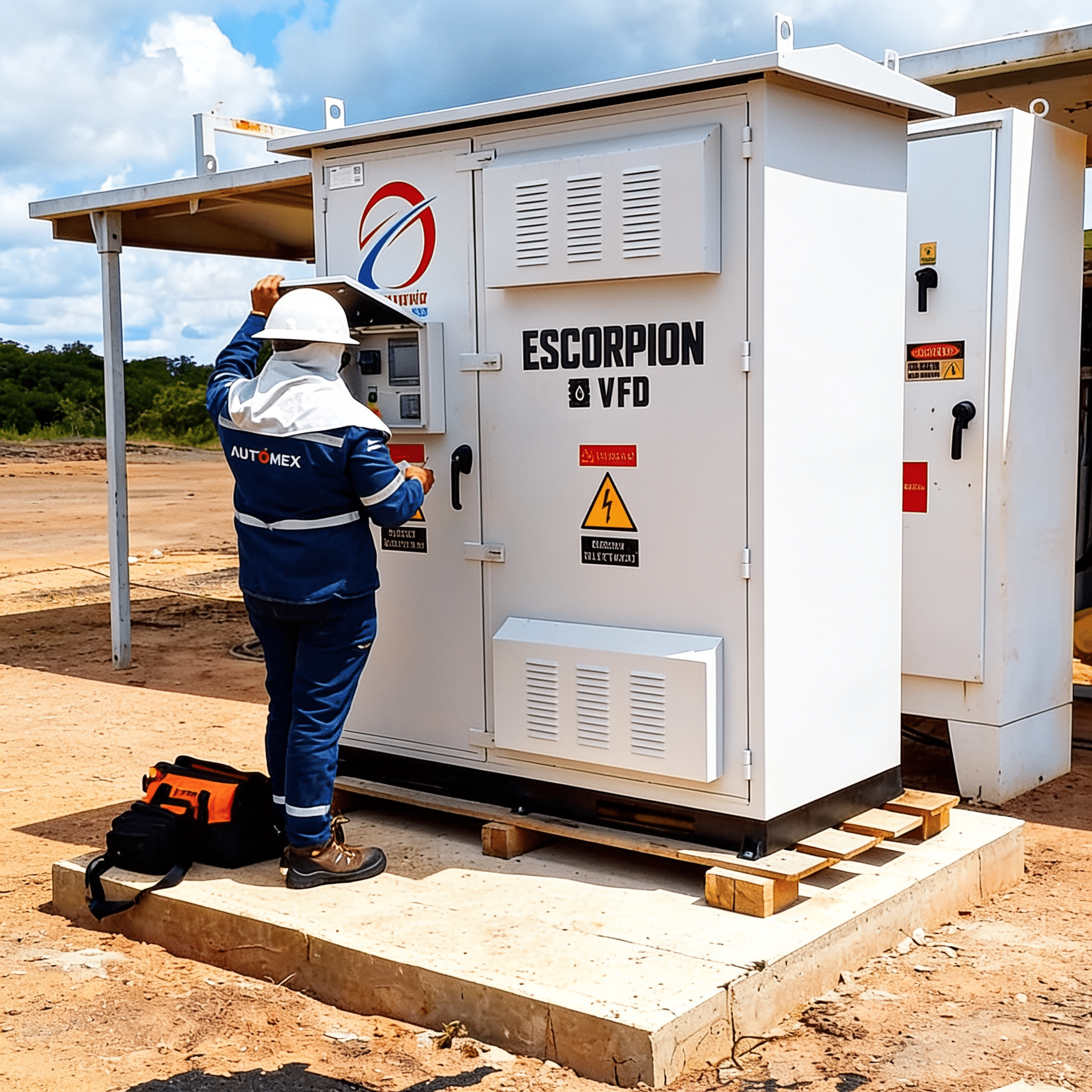 Technician in blue safety gear and hard hat working at a large outdoor electrical cabinet labeled ESCORPION VFD.