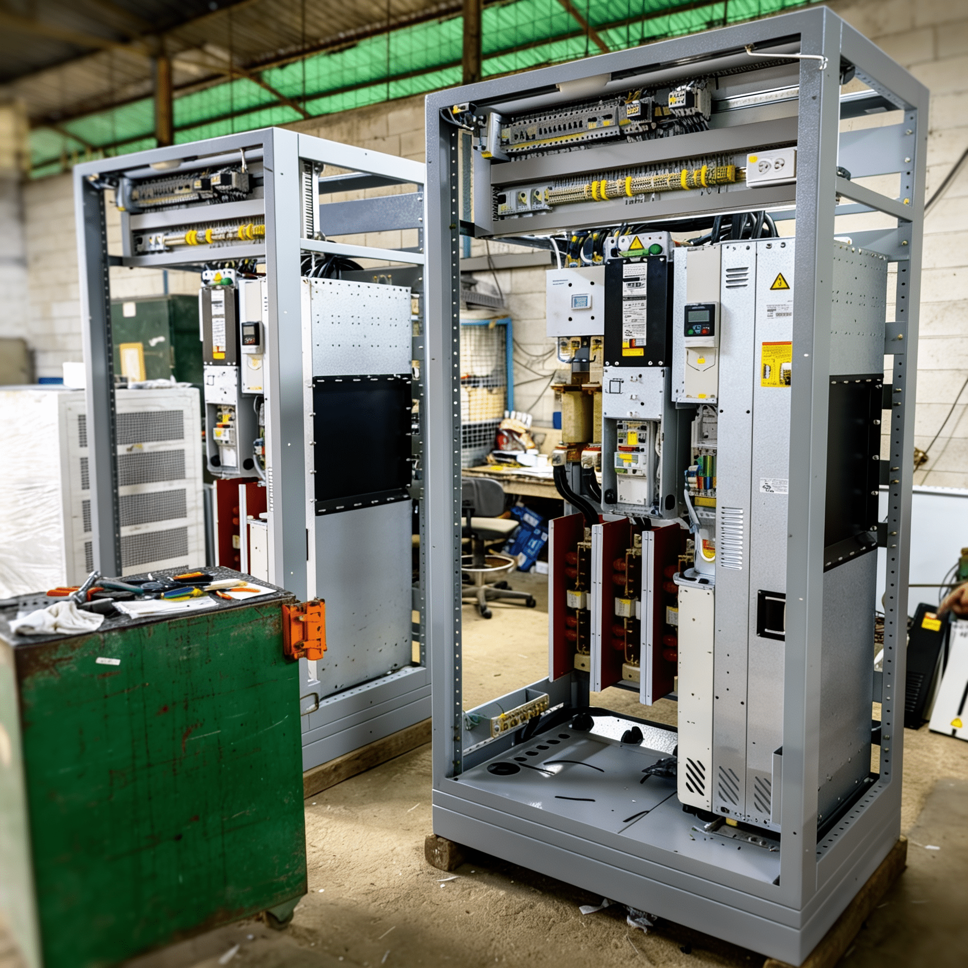 Open industrial electrical control cabinet with wiring and control panels in a workshop setting