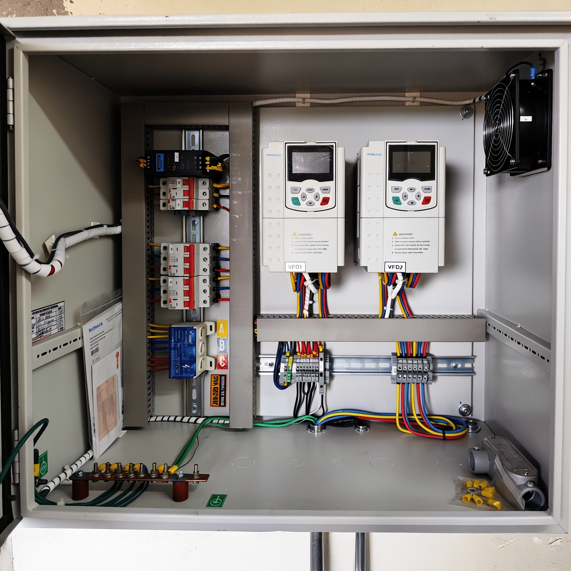 Inside an electrical control cabinet with two VFDs mounted side by side and colorful wiring.