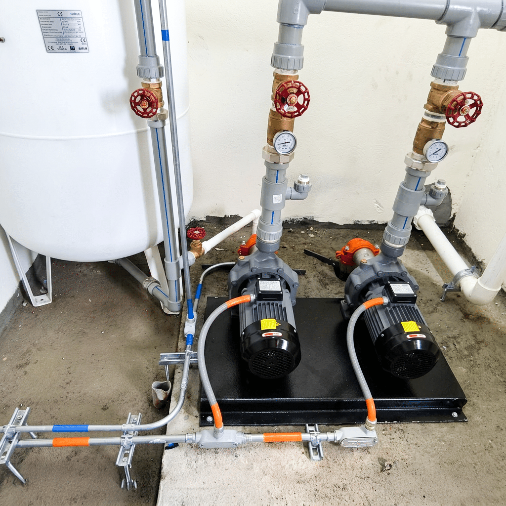 Two industrial pumps on a black base connected to PVC pipes, with red-handled valves and pressure gauges in a mechanical setup.