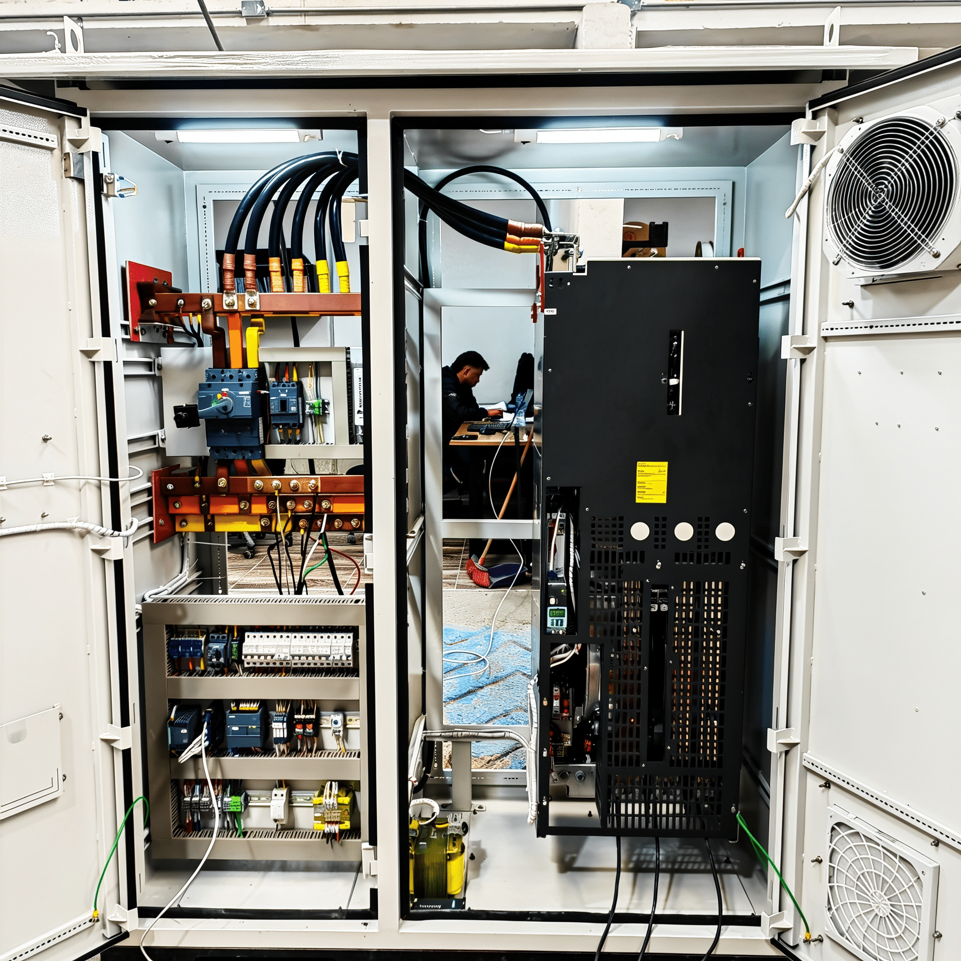 Open electrical control cabinet with bundled cables, terminal blocks, and a large black power unit inside a metal frame.