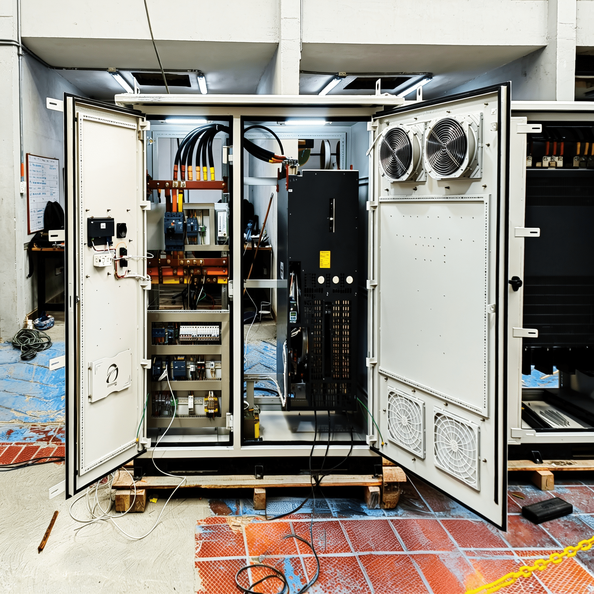 Open electrical control cabinets revealing wiring, circuit boards, and components with cables on the floor and cooling fans on the doors.”