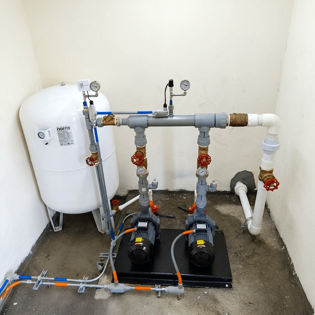 Two electric booster pumps on a black base connected to a white expansion tank, with red valve wheels and pressure gauges in a utility room.