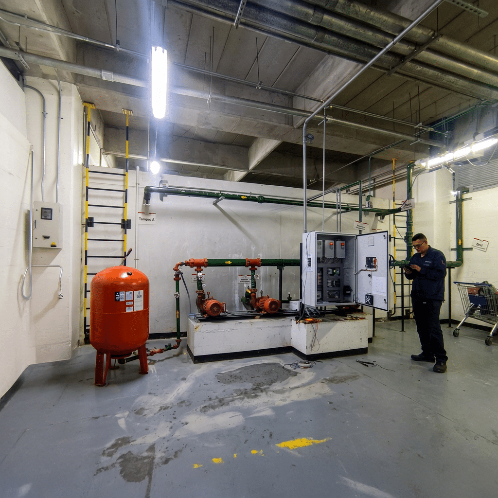 Technician inspecting an open control cabinet in an industrial equipment room with red pressure tank and green piping network on a raised platform.
