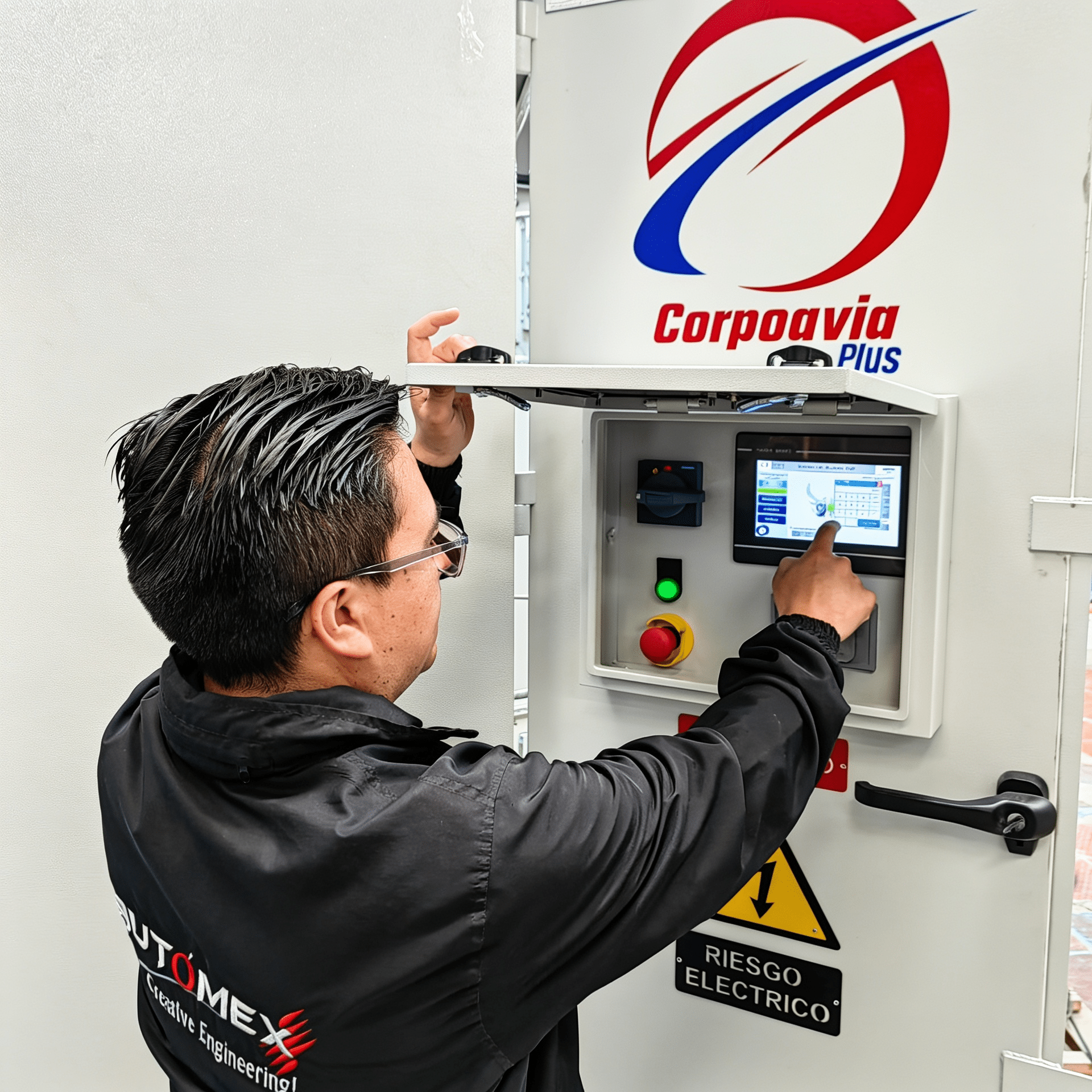 Technician wearing safety glasses adjusts an electrical control panel with a touchscreen interface and warning sign nearby.