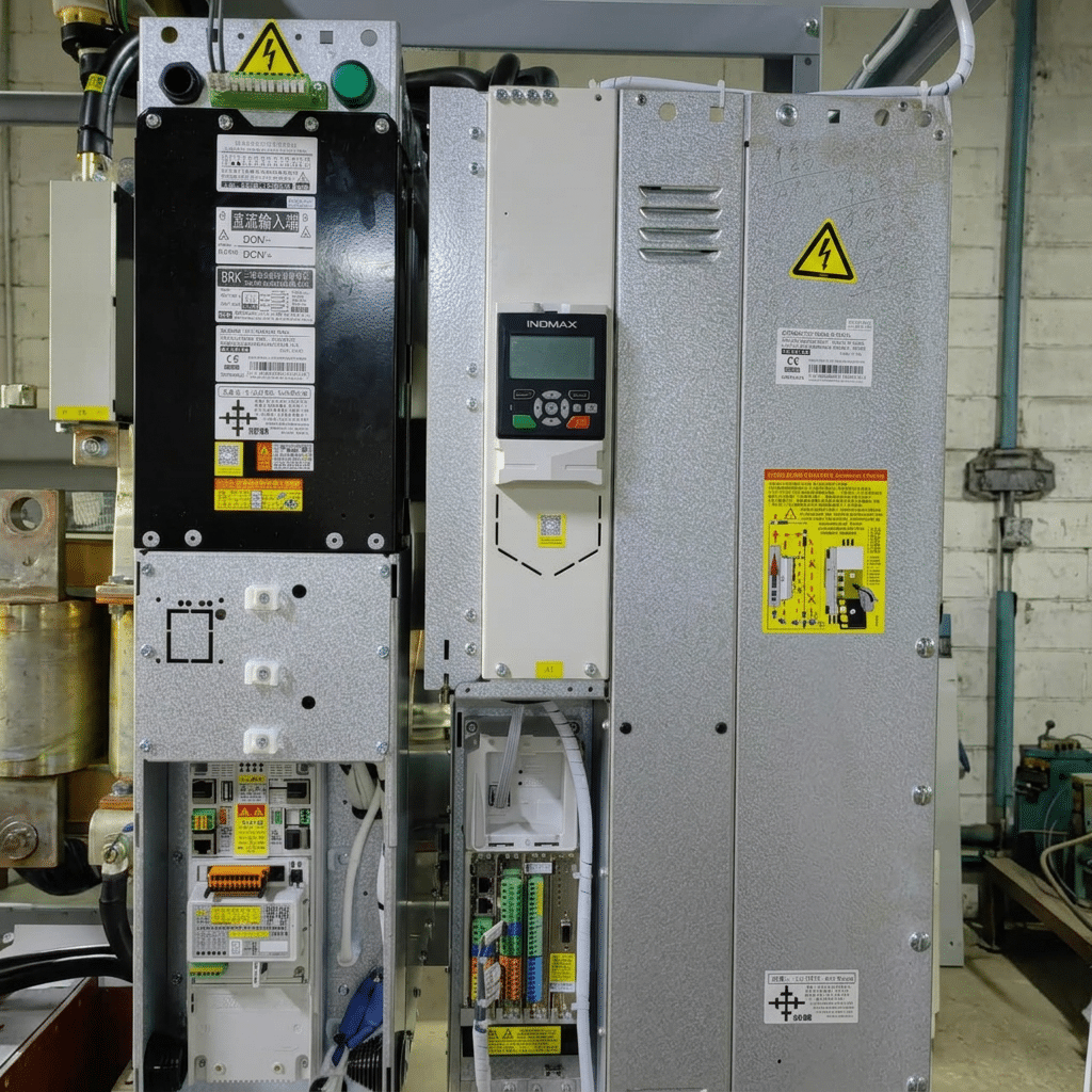 Industrial electrical control panel with warning labels and exposed wiring in a metal enclosure, used to control machinery