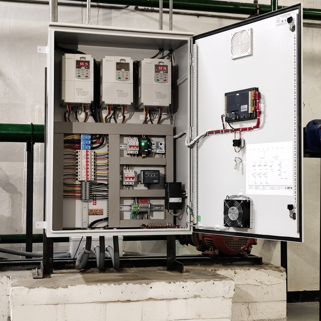 Open industrial electrical control cabinet with three drives and wiring on a metal frame in a concrete room