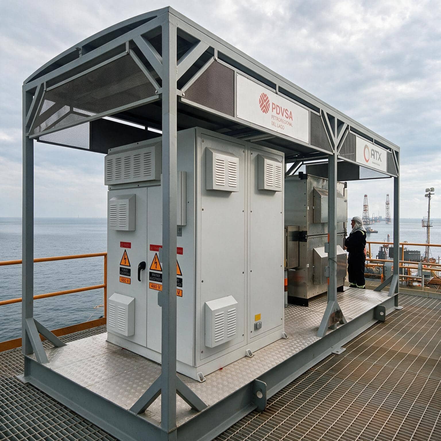 Industrial electrical cabinets on a metal platform overlooking the sea, with a PDVSA sign and a worker in protective gear nearby.