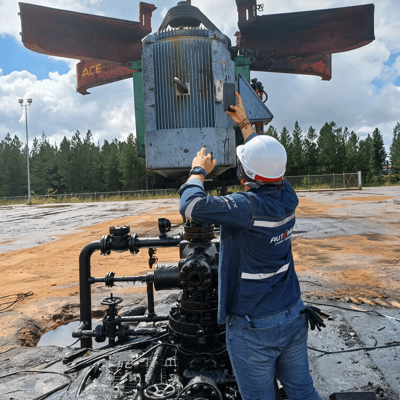 Worker in a white hard hat and blue coveralls inspects and adjusts a large rusted industrial pump outdoors, surrounded by pipes and muddy ground.