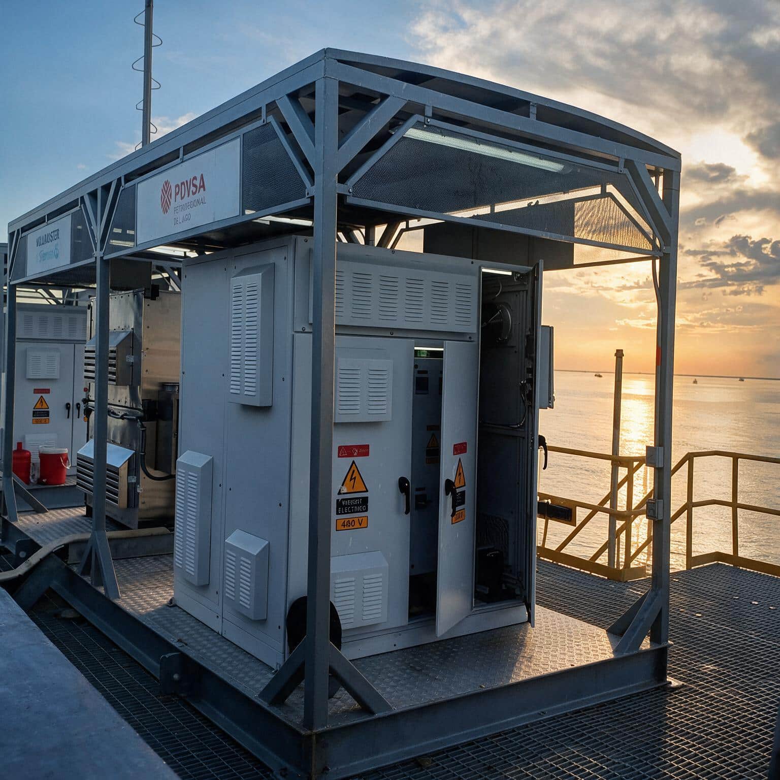 Industrial electrical cabinets on a metal platform by the water at sunset, with warning labels visible