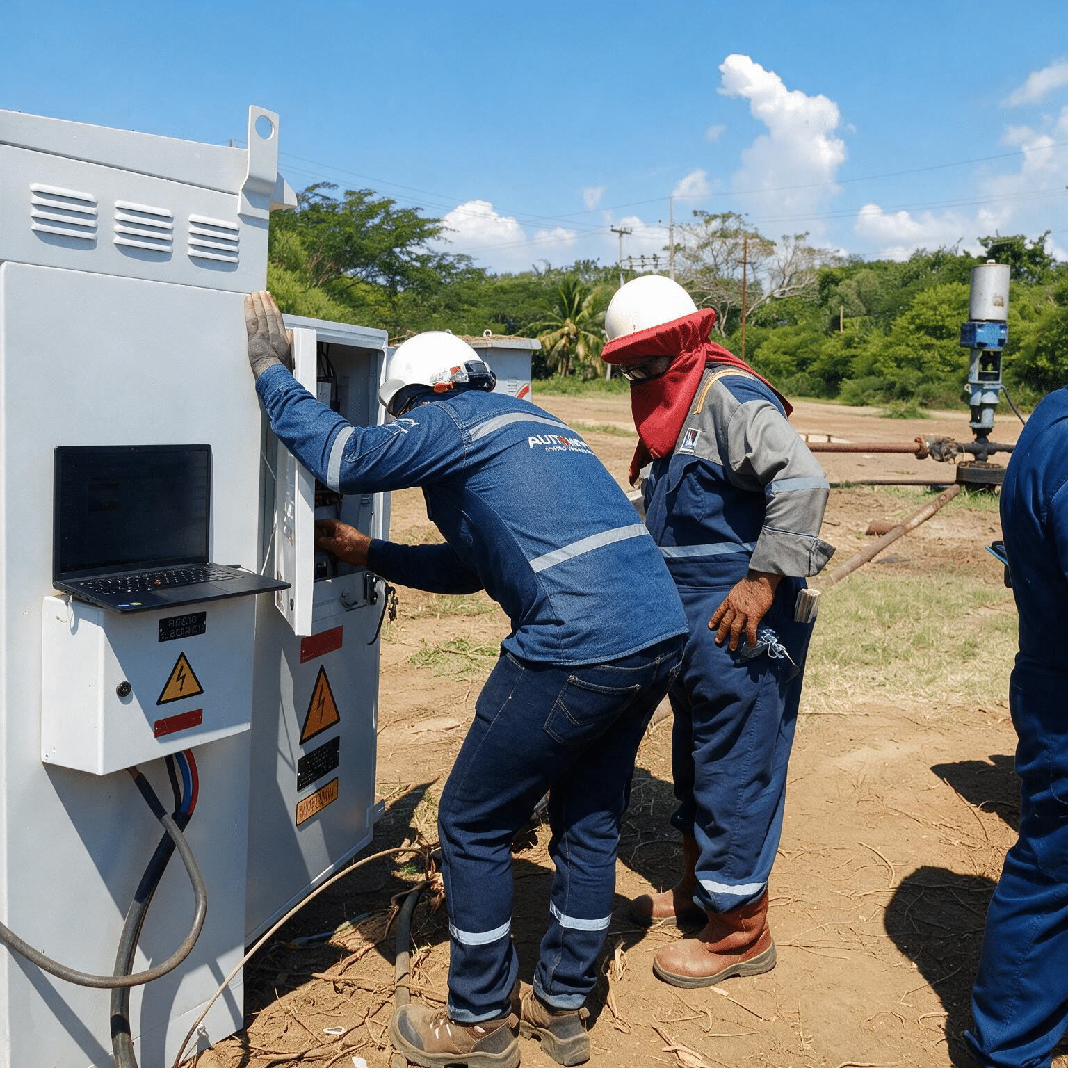 Two utility workers in white helmets and blue uniforms inspect a large outdoor electrical cabinet, laptop resting on the cabinet door