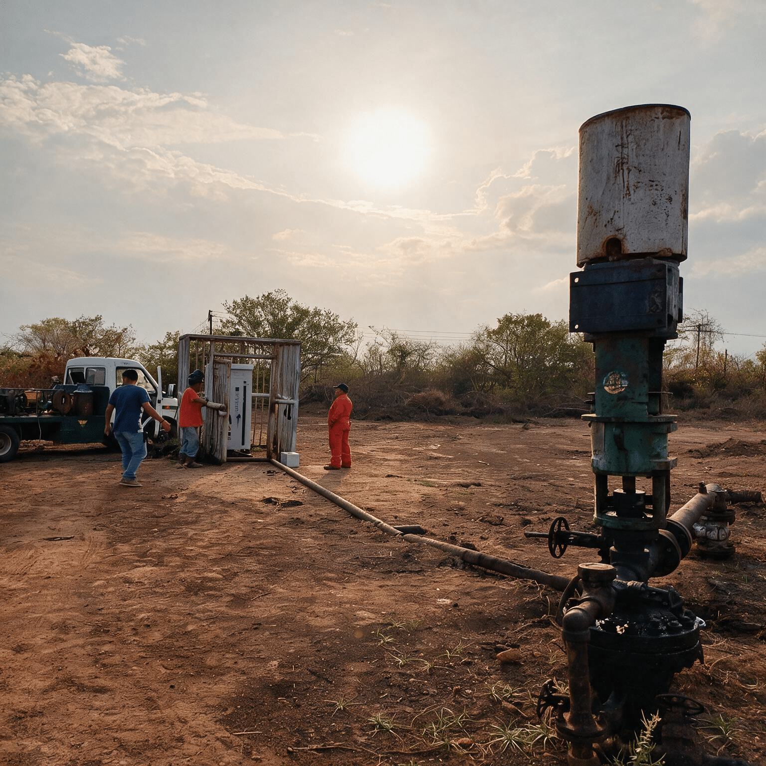 Oil field scene with workers setting up equipment on a dusty, dry lot; a large, rusted pump sits in the foreground as the sun shines above the horizon.