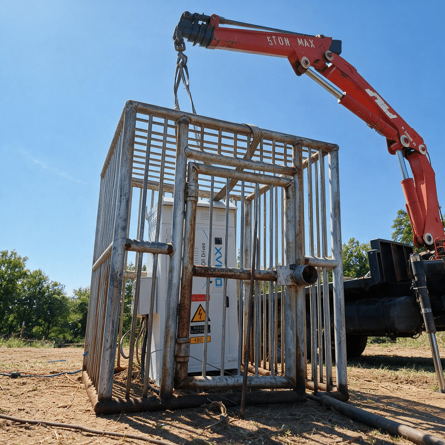 Red hydraulic crane arm hoists a rusted metal safety cage at a construction site against a clear blue sky.