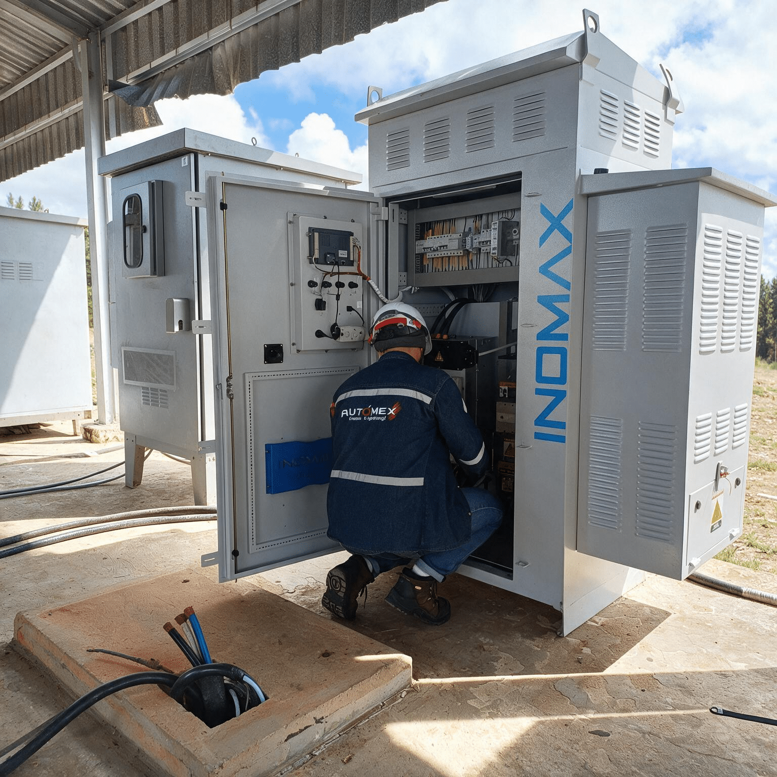Technician kneeling and working inside an open outdoor electrical cabinet under a metal shelter. A maintenance worker in a blue jacket and helmet adjusts wiring and control panels.